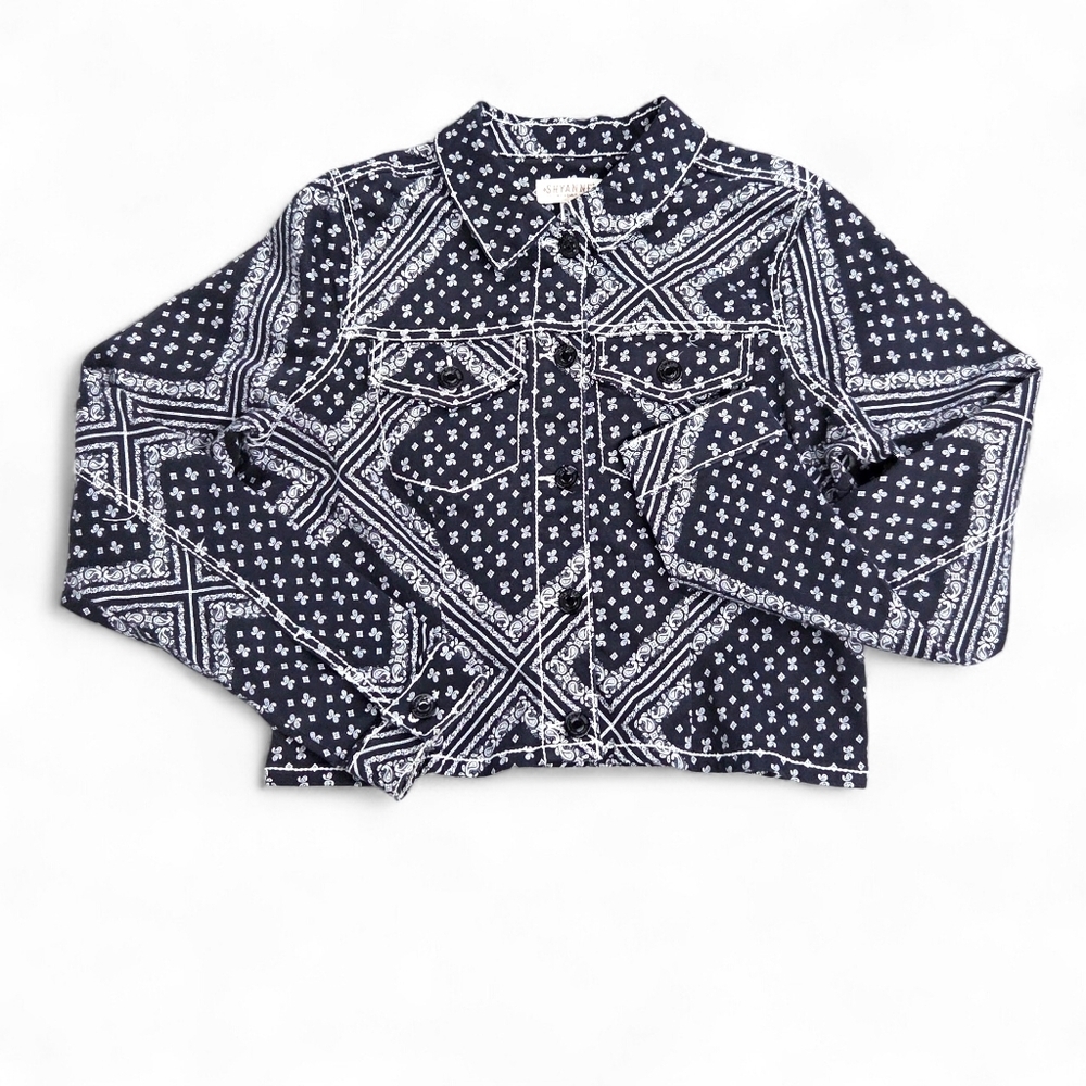 Shyanne Black Bandana Print Trucker Jacket - Boho Western Stretch - Medium